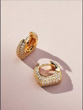 Anthropologie Gold Crystal Pavé Square Huggie Earrings